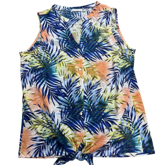 Notations Women’s XL Sleeveless Top Tropical Palm Leaf Print Tie Front Resort - Picture 1 of 6